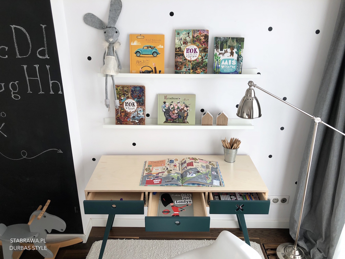 biurko kółko krzyżyk, biurko zielone, biurko dla dziecka, meble ze sklejki 